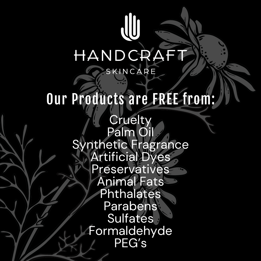 All products are free of cruelty, palm oil, synthetic fragrance, artificial dyes, preservatives, animal fats, phthalates, parabens, sulfates, formaldehyde, PEG's
