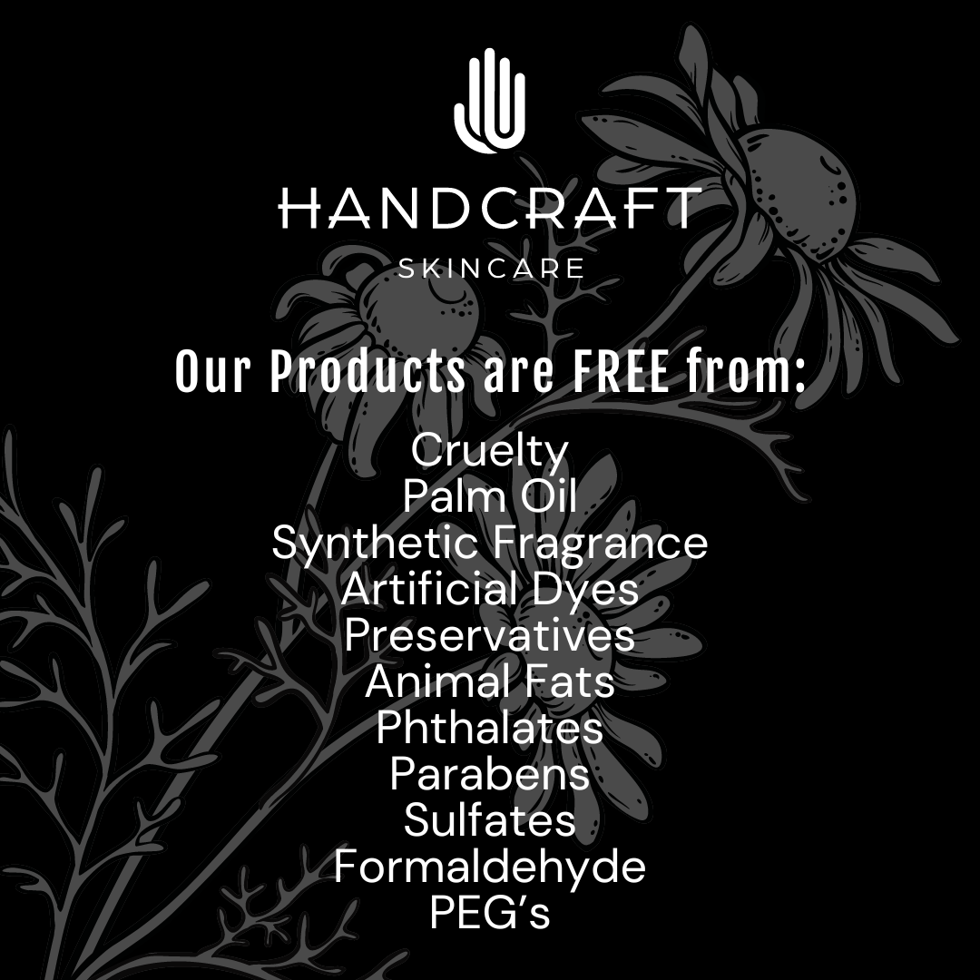 black background with white text and flower stating company product values of all of the unnatural and toxic ingredients they exclude from their products