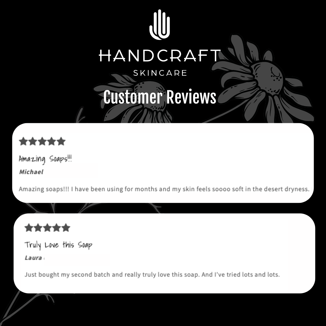 black background with white flower and two five star customer reviews on why they recommend the soap
