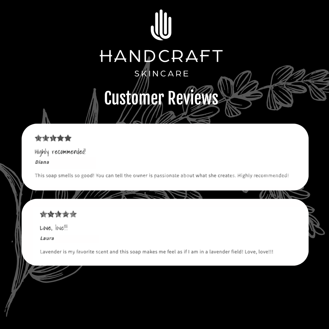 black background with white flower and two five star customer reviews on why they recommend the soap