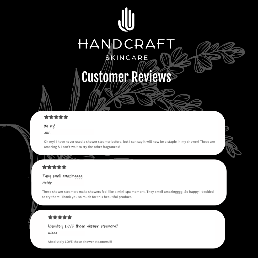 black background with white flower and three five star customer reviews on why they recommend the shower steamers