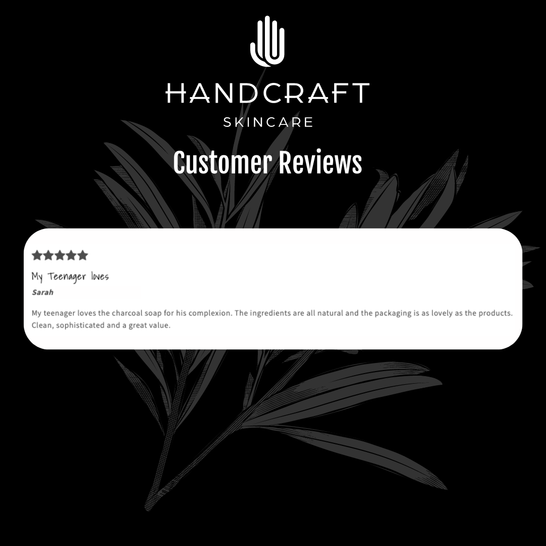 black background with white flower and a five star customer review on why they recommend the tea tree + charcoal facial soap