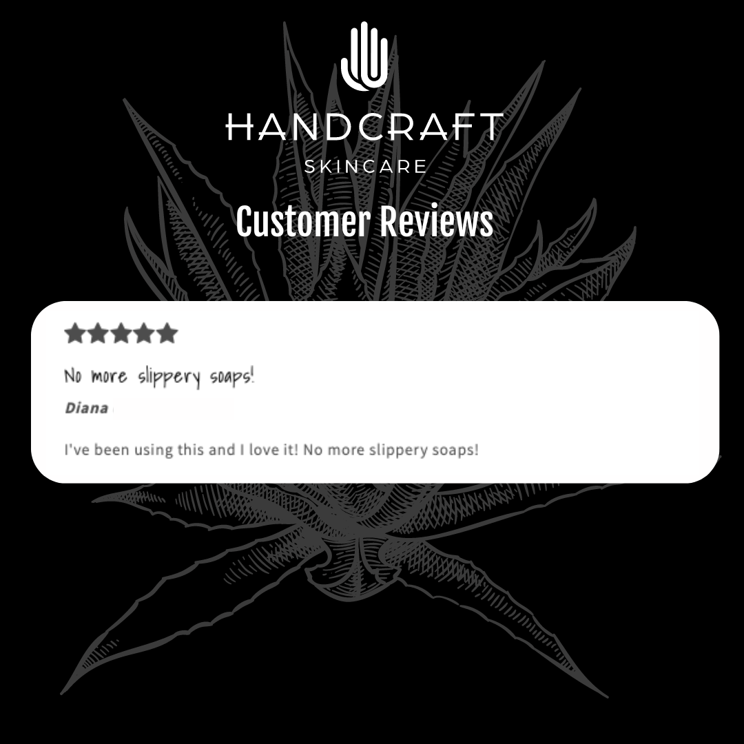 black background with white flower and a five star customer review on why they recommend the sisal soap bag