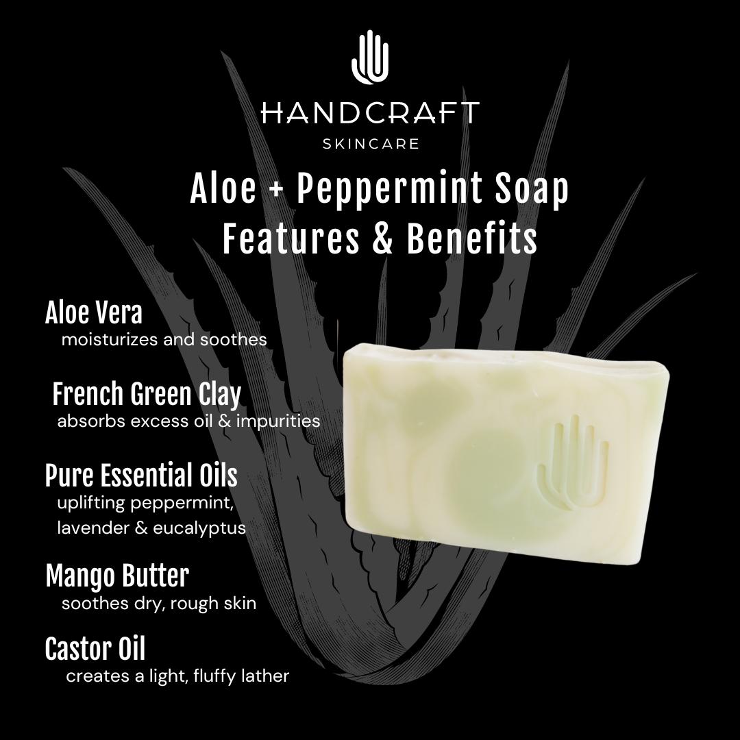 black background with white aloe stating the features and benefits of ingredients in the natural aloe + peppermint soap such as aloe for skin moisture and castor oil for a fluffy lather