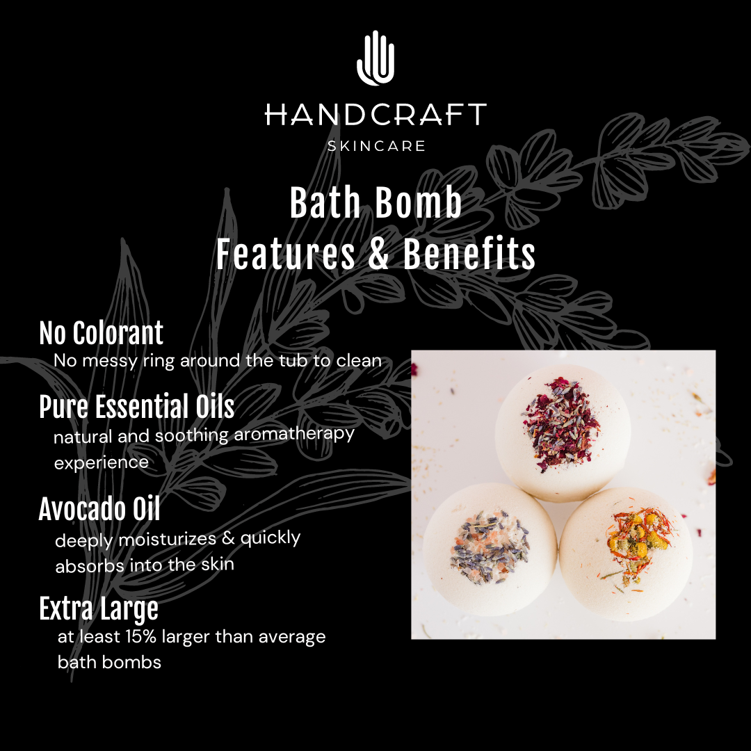 black background with white aloe stating the features and benefits of ingredients in the natural bath bombs such as avocado oil to help moisturize dry skin