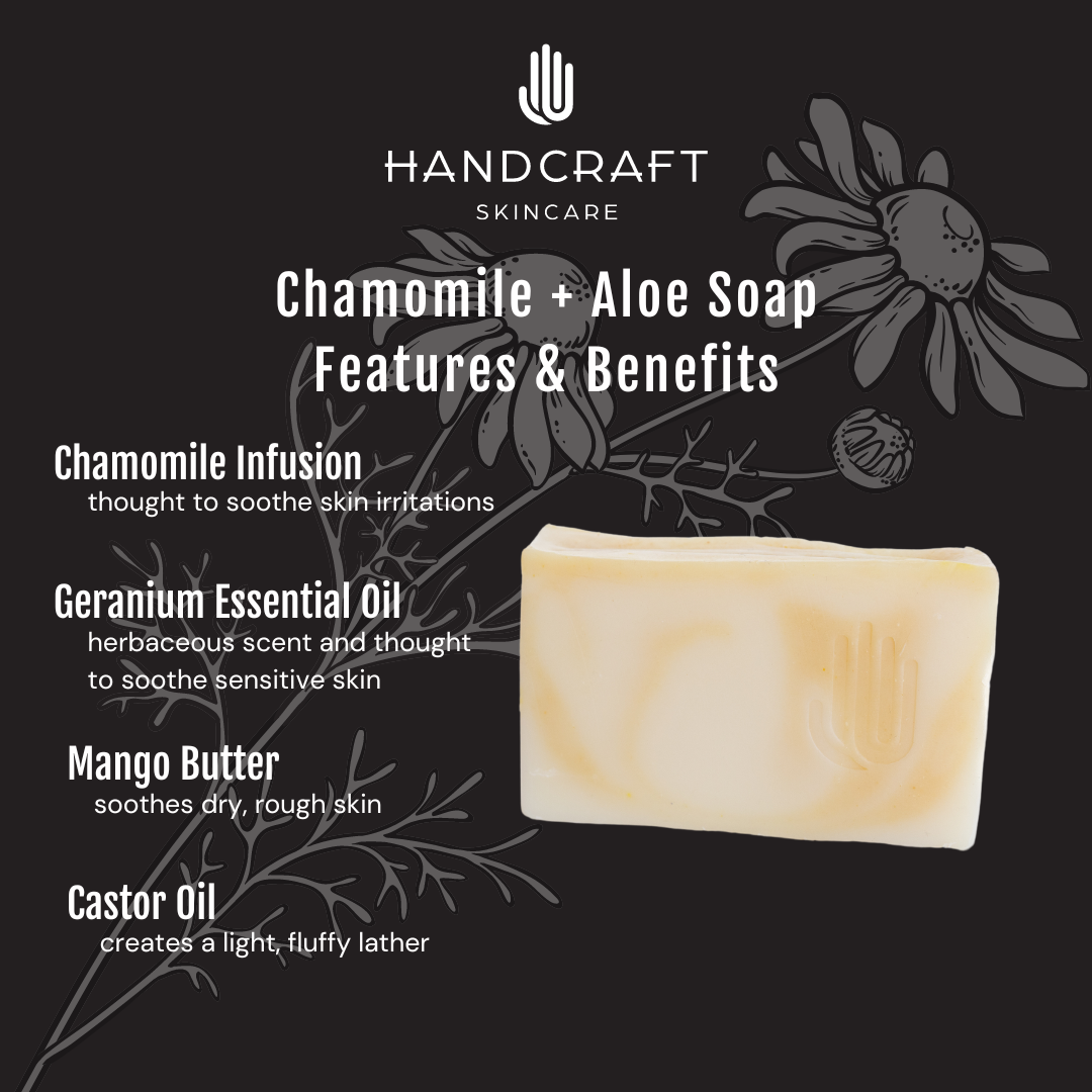black background with white flower stating the features and benefits of ingredients in the natural chamomile + aloe soap such as mango butter for skin moisture and castor oil for a fluffy lather