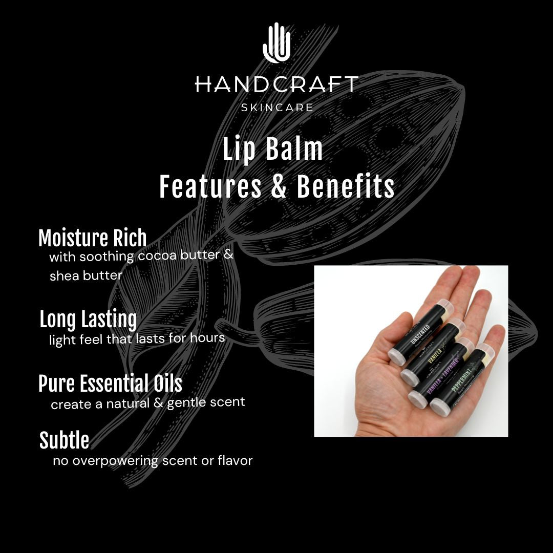 Black document listing features and benefits of the ingredients in the all natural lip balms. Long lasting, moisture rich, subtle scent and pure essential oils