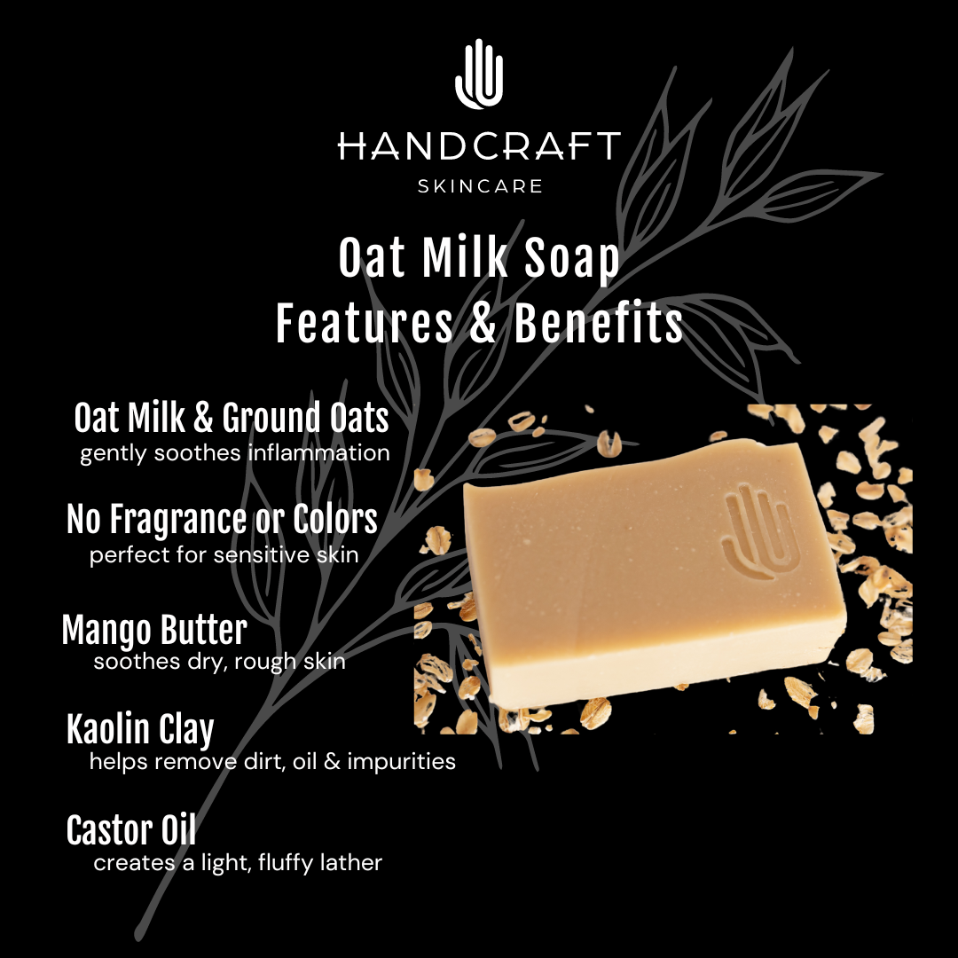 black background with white flower stating the features and benefits of ingredients in the natural oat milk soap such as mango butter to help moisturize dry skin