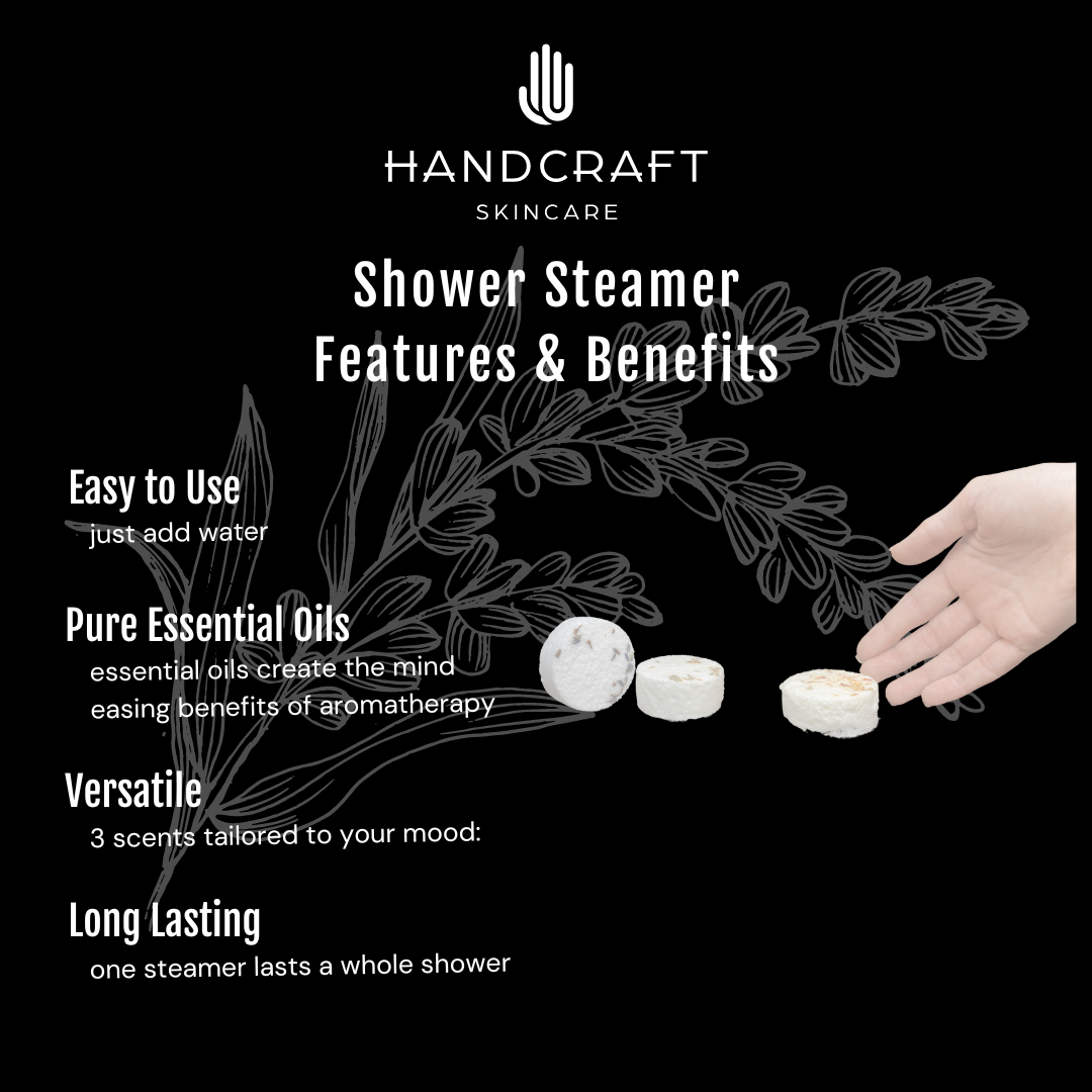 black background with white flower stating the features and benefits of ingredients in the natural shower steamers such as pure essential oils for an aromatherapy experience