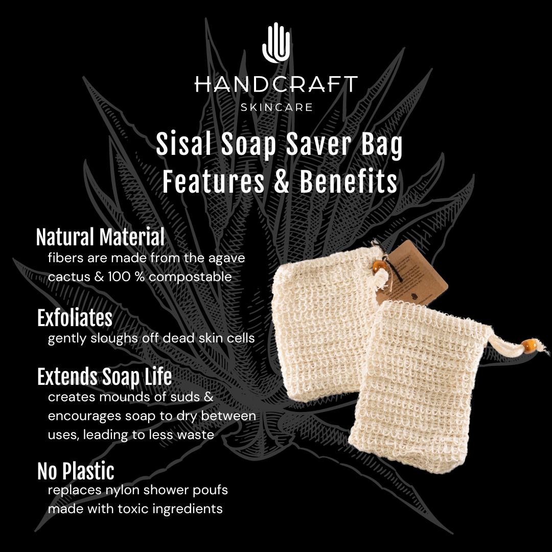 black background with white agave plant stating the features and benefits of ingredients in the natural sisal soap bag such as extending the life of bar soap