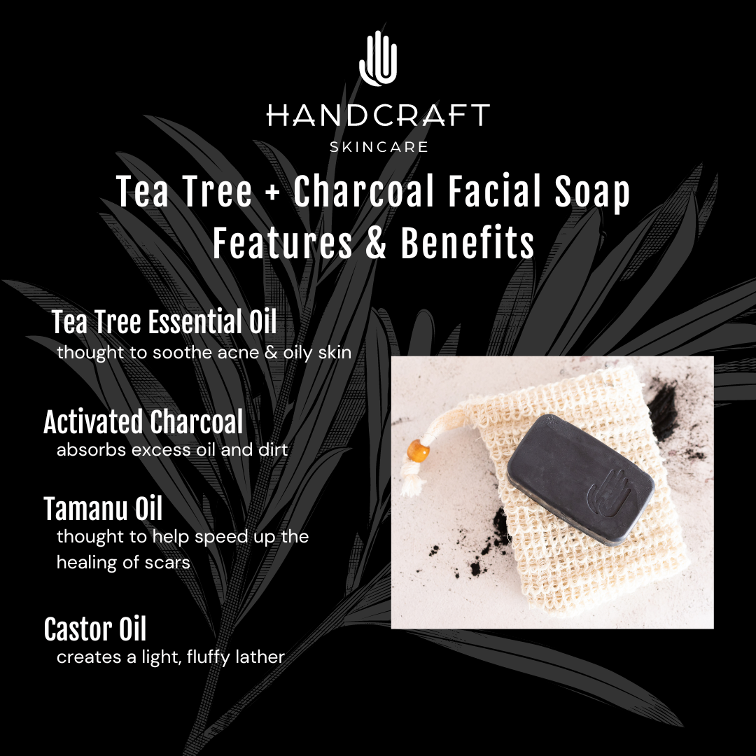 black background with white flower stating the features and benefits of ingredients in the natural tea tree charcoal soap such as activated charcoal to help detoxify skin