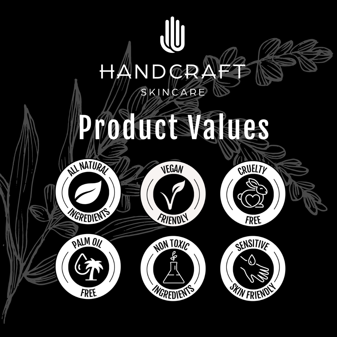 black background with white flower and circle logos stating company product values such as natural ingredients, palm oil free, cruelty free and palm oil free